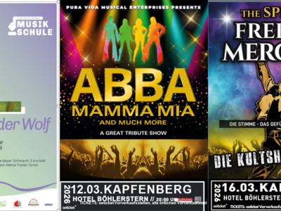 Böhlerstern: das Hotel in Kapfenberg für Seminare und Veranstaltungen Drei Konzertposter: Peter und der Wolf, ABBA Tribute, Freddie Mercury Show in Kapfenberg 2026